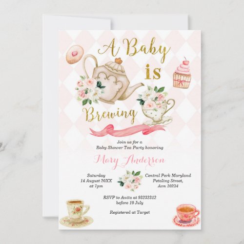 Pink Roses A Baby Is Brewing Tea Party Baby Shower Invitation