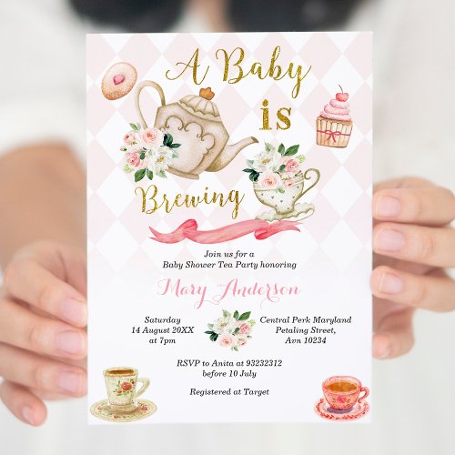 Pink Roses A Baby Is Brewing Tea Party Baby Shower Invitation