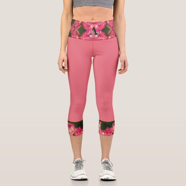 Pink Roses Abstract Oil Print Monogram & Name Capri Leggings (Front)
