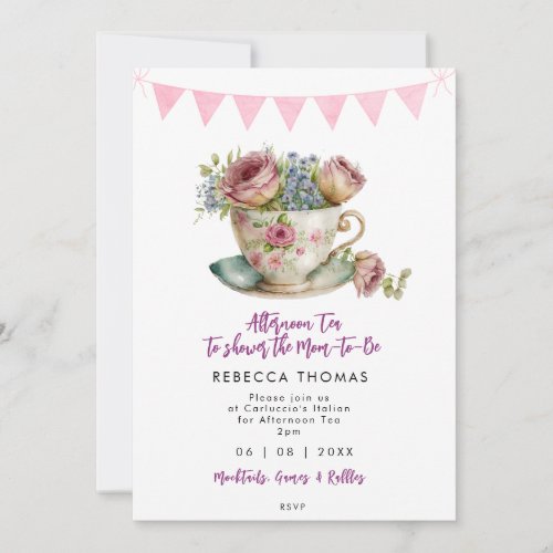 pink roses afternoon tea party baby shower invitation