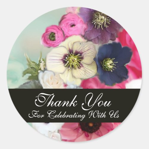 PINK ROSES AND ANEMONE FLOWERS BRIDAL SHOWER CLASSIC ROUND STICKER