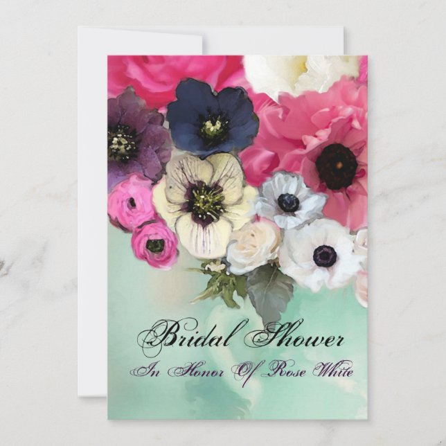 PINK ROSES AND ANEMONE FLOWERS BRIDAL SHOWER INVITATION (Front)
