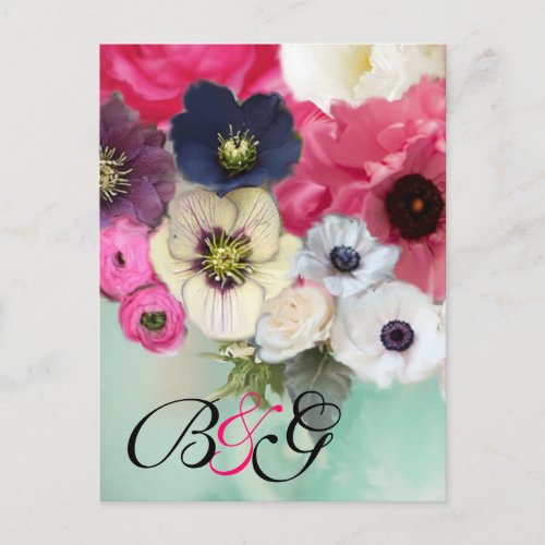 PINK ROSES AND ANEMONE FLOWERS MONOGRAM Save Date Announcement Postcard
