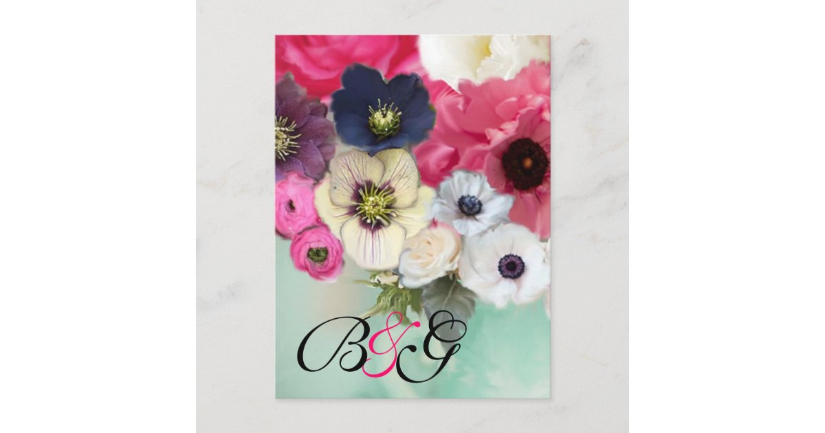 PINK ROSES AND ANEMONE FLOWERS MONOGRAM Save Date Announcement Postcard ...