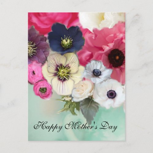 PINK ROSES AND ANEMONE FLOWERS MOTHERS DAY POSTCARD