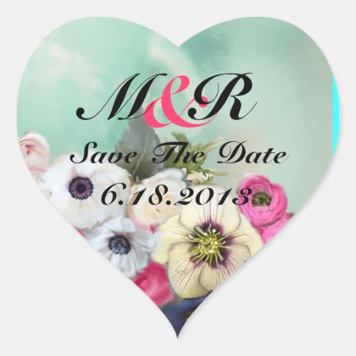 PINK ROSES AND ANEMONE FLOWERS Save the date Heart Heart Sticker