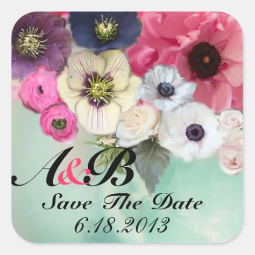 PINK ROSES AND ANEMONE FLOWERS Save the date Square Sticker