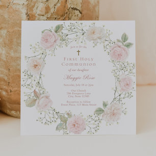 Pink Roses and Baby Breath Girl Communion Invitation