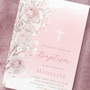 pink roses and baby's breath Baptism baby girl Invitation