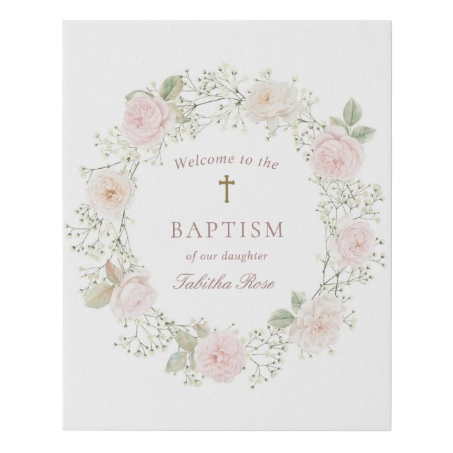 Pink Roses and Baby's Breath Baptism Welcome Faux Canvas Print (Front)