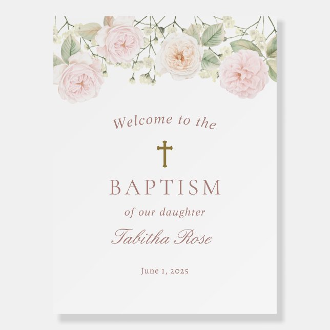 Pink Roses and Baby's Breath Baptism Welcome Foam Board (Front)