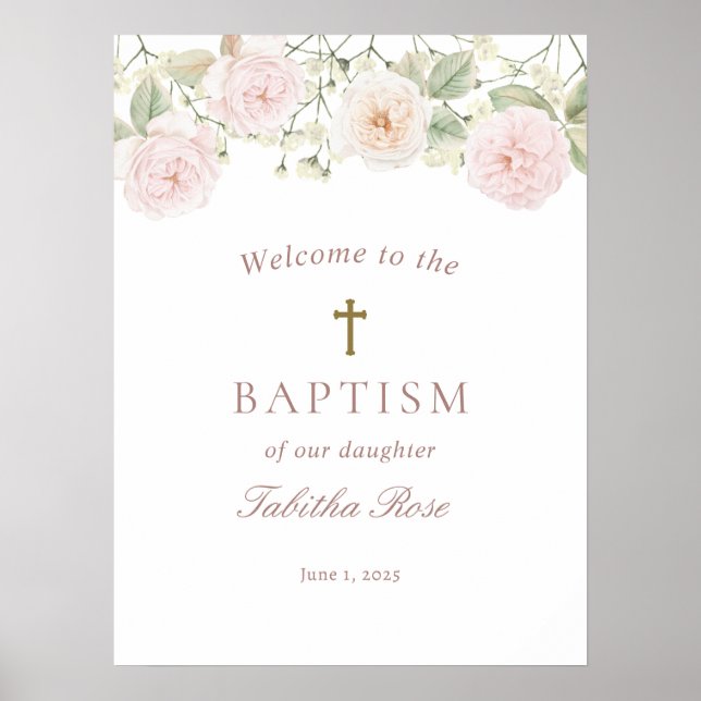 Pink Roses and Baby's Breath Baptism Welcome Poster (Front)