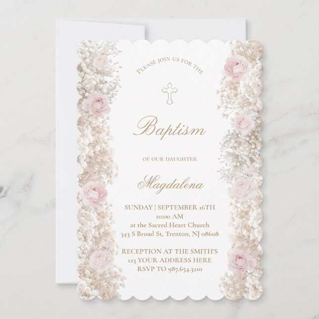 Pink roses and Baby's Breath flowers Baptism Invitation (Front)