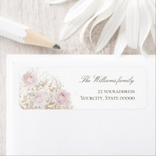 pink roses and baby's breath label