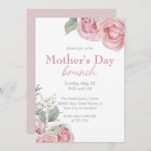 Pink Roses and Babys Breath Mothers Day Brunch Invitation