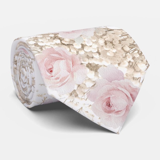 pink roses and baby's breath pattern neck tie (Rolled)