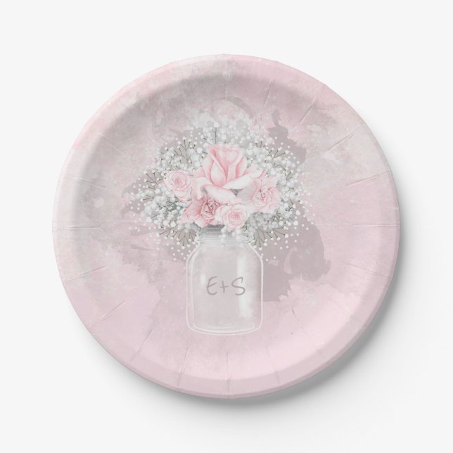 Pink Roses and Baby's Breath Wedding Paper Plates (Front)