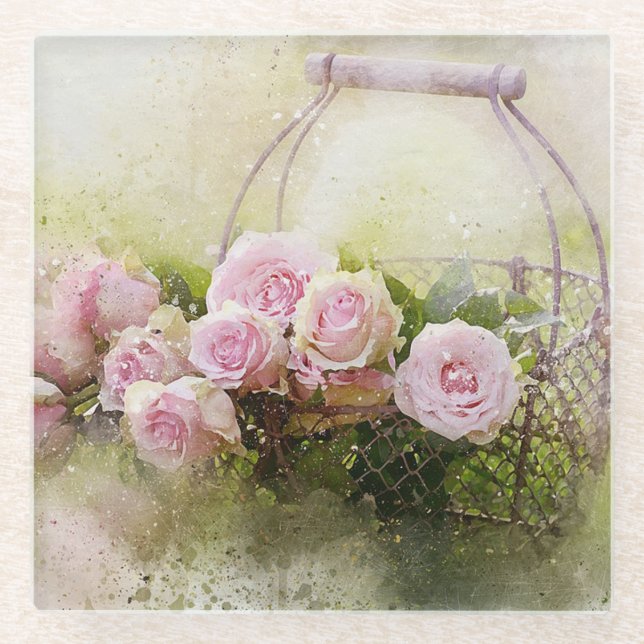 Pink Roses and Basket Glass Coaster (Front)