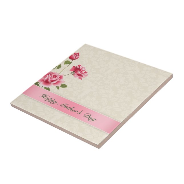 Pink Roses And Beige Damask- Happy Mothers's Day Ceramic Tile (Side)
