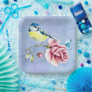 Pink Roses and Bird Paper Plate
