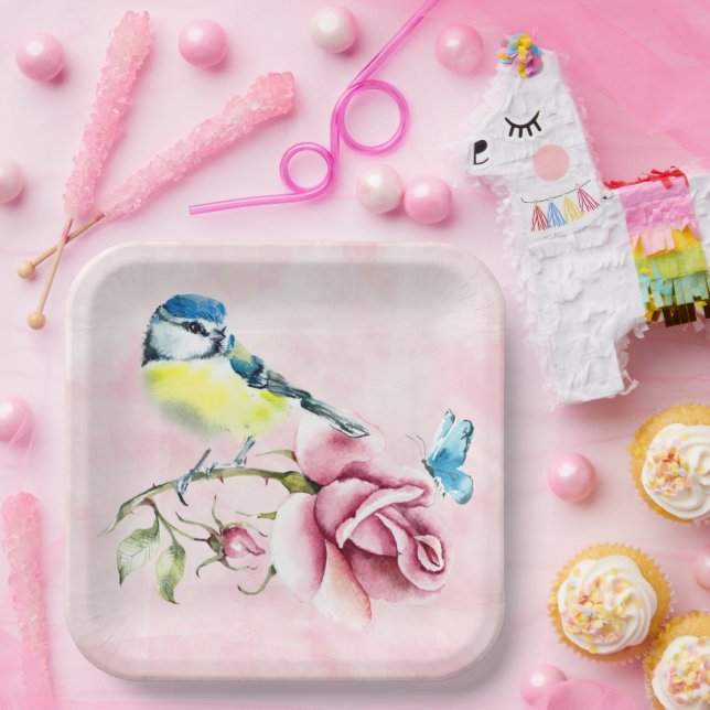 Pink Roses and Bird Paper Plate (Party)