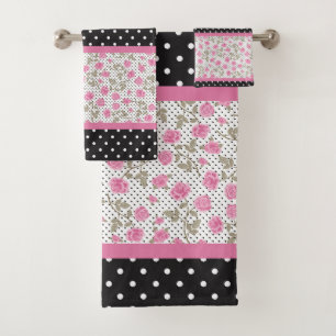 Pink Roses And Black And White Polka Dots Bath Towel Set