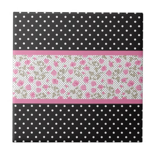 Pink Roses And Black and White Polka Dots Ceramic Tile