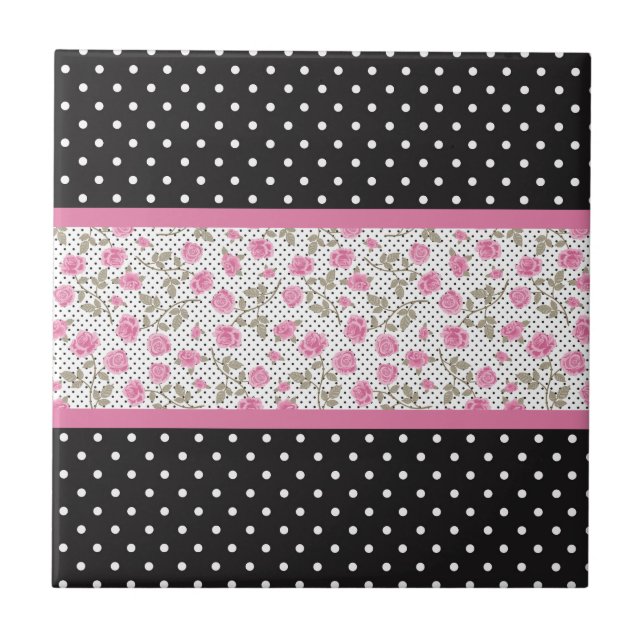 Pink Roses And Black and White Polka Dots Ceramic Tile (Front)
