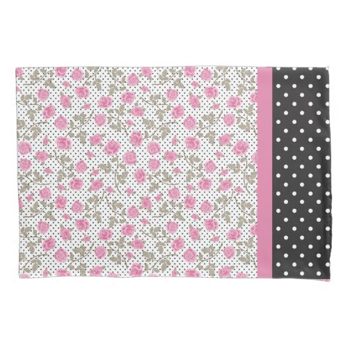 Pink Roses and Black and White Polka Dots Pillow Case