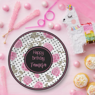 Pink Roses and Black Polka Dots Personalized Paper Plates