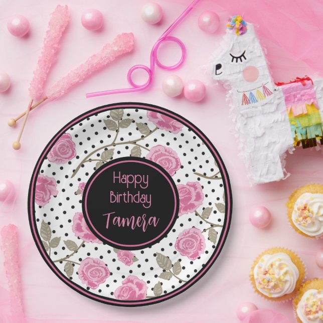 Pink Roses and Black Polka Dots Personalized Paper Plates (Party)
