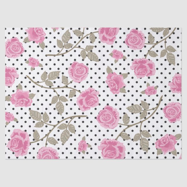Pink Roses and Black Polka Dots   Tissue Paper (Front)