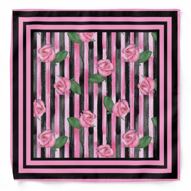 Pink Roses and Black Stripes Bandana (Front)
