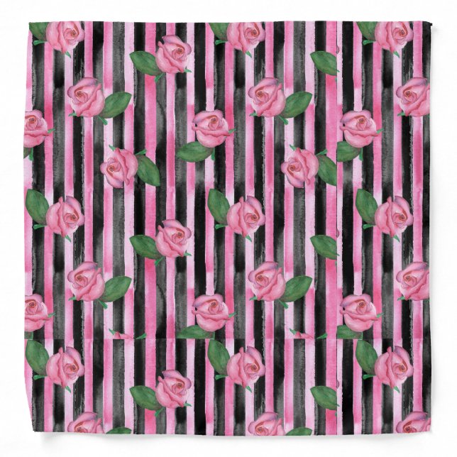 Pink Roses and Black Stripes Bandana (Front)