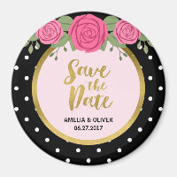 Pink Roses and Black White Polka Dot Save the Date Magnet