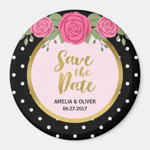 Pink Roses and Black White Polka Dot Save the Date Magnet