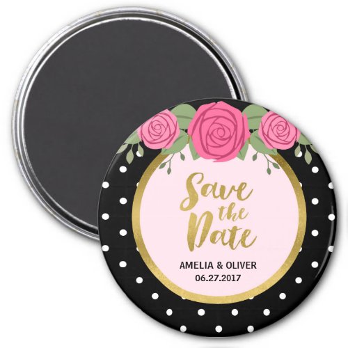 Pink Roses and Black White Polka Dot Save the Date Magnet