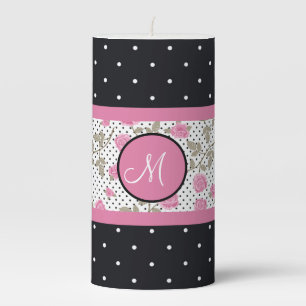 Pink Roses And Black White Polka Dots Monogram Pillar Candle