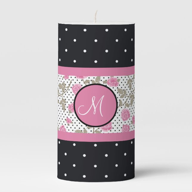 Pink Roses And Black White Polka Dots Monogram  Pillar Candle (Front)