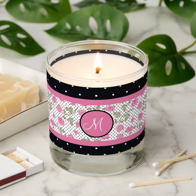 Pink Roses And Black White Polka Dots Monogram  Scented Candle (Lit)