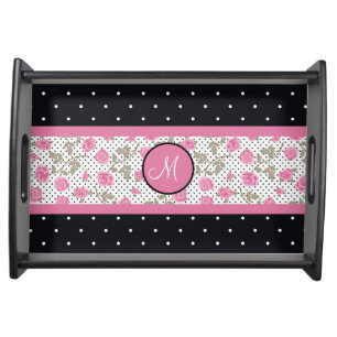 Pink Roses And Black White Polka Dots Monogram Serving Tray