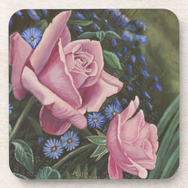 Pink Roses And Blue Flowers Coasters (Front)