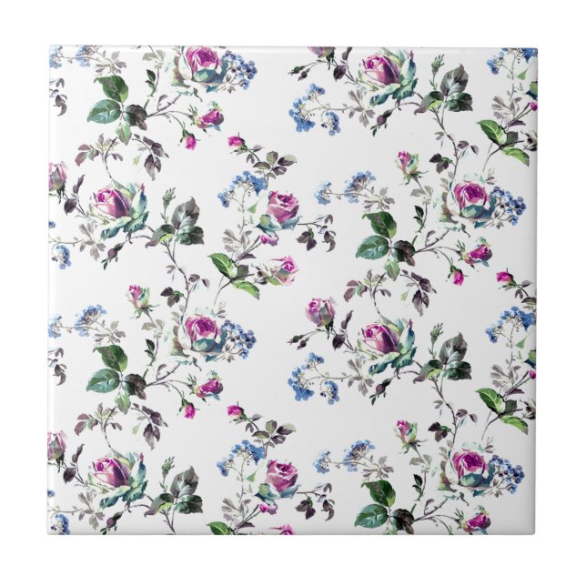 Pink Roses and Blue Flowers Floral Design Ceramic Tile (Front)