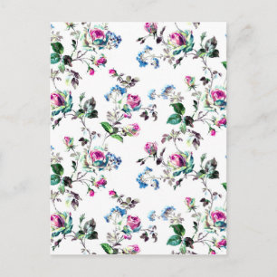 Pink Roses and Blue Flowers Floral Design Postcard