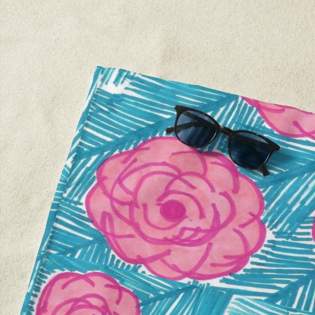 Pink Roses and Blue Palm Leaves Beach Towel (In Situ)