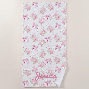 Pink Roses and Bows Coquette Beach Towel