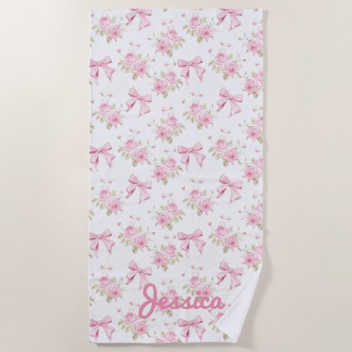 Pink Roses and Bows Coquette Beach Towel