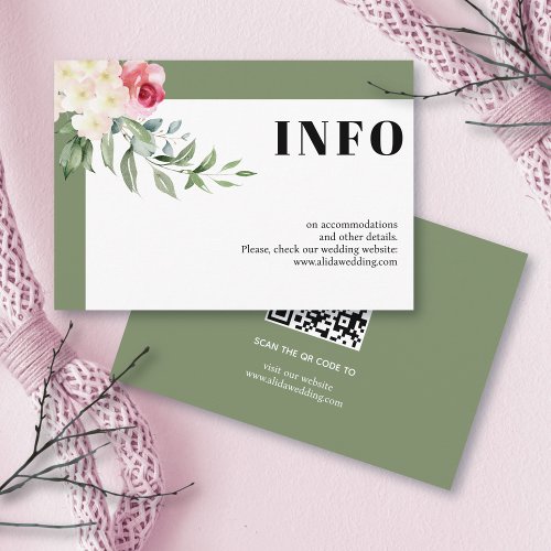 Pink roses and branch sage green wedding details enclosure card