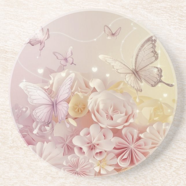 Pink Roses and Butterflies Coaster (Front)