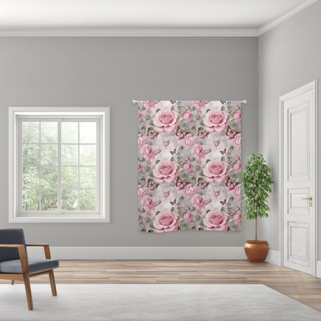 Pink Roses and Butterflies Watercolor  Blackout Curtains (Wide)